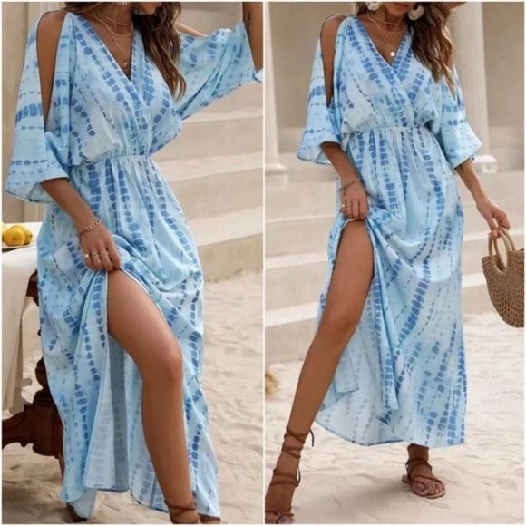 Boho Style Tie dye Cut out Sleeve thigh slit Maxi Dress BLUE - Picture 8 of 8